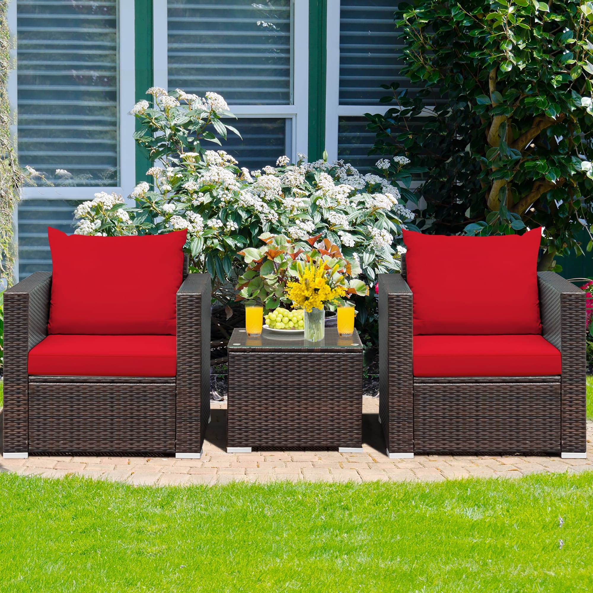 Costway 3PCS Patio Rattan Furniture Set Conversation Sofa
