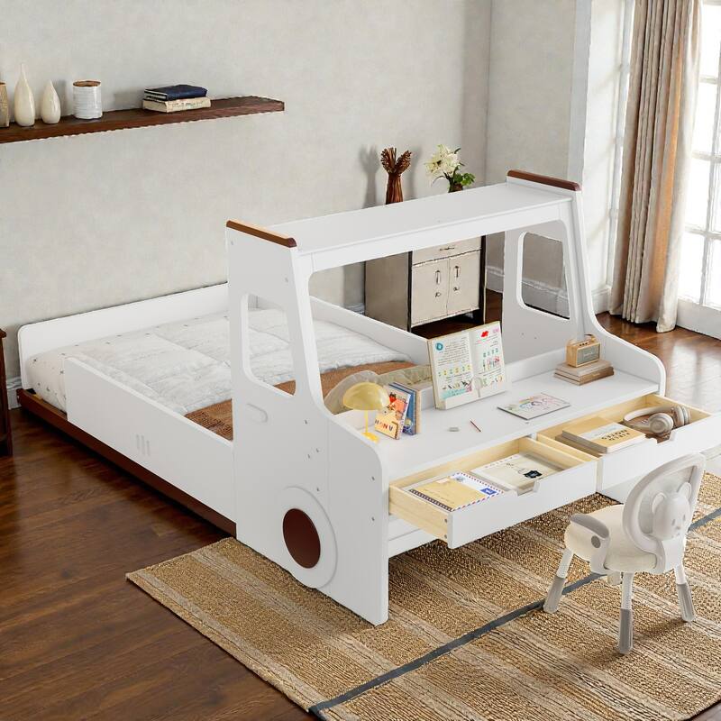 Kids Car Floor Bed with Storage Drawers and Desk, Car-Shaped Wood Floor Bed with Window, Twin Full Sizes