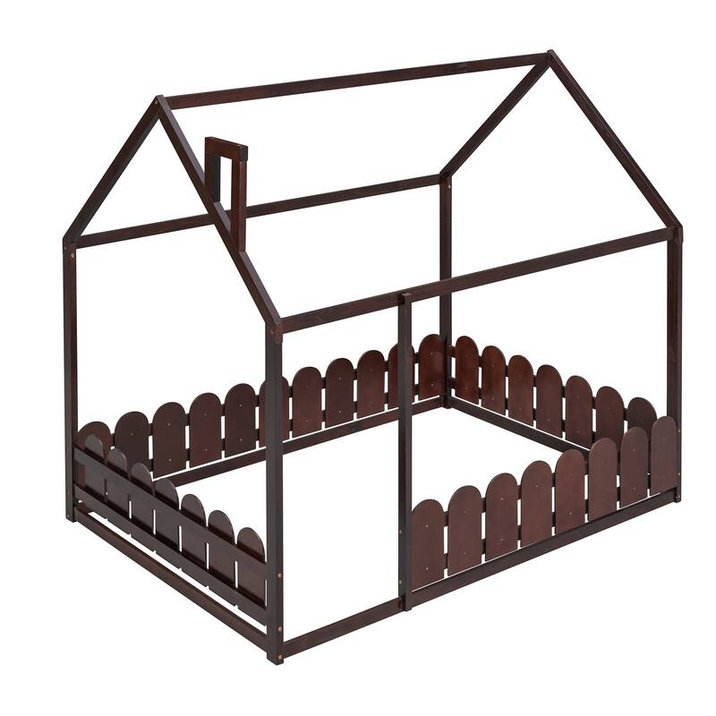 Modern Montessori Bed Solid Wood Playhouse Platform Bed Frame with FenceShaped Guardrails, for