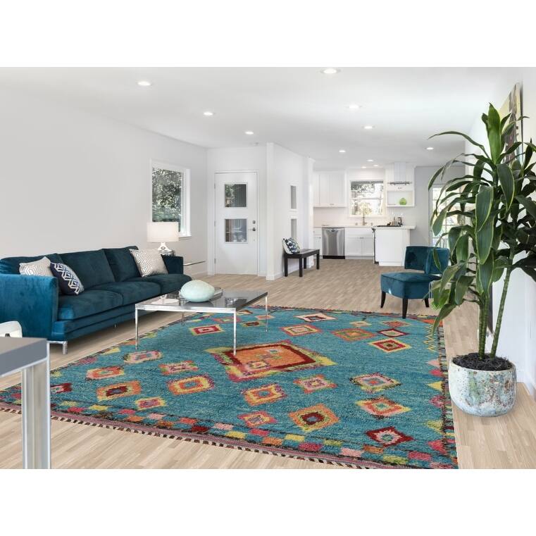 Light Blue Plush Moroccan Oriental Area Rug Handmade Wool Carpet - 7'8" x 10'5"