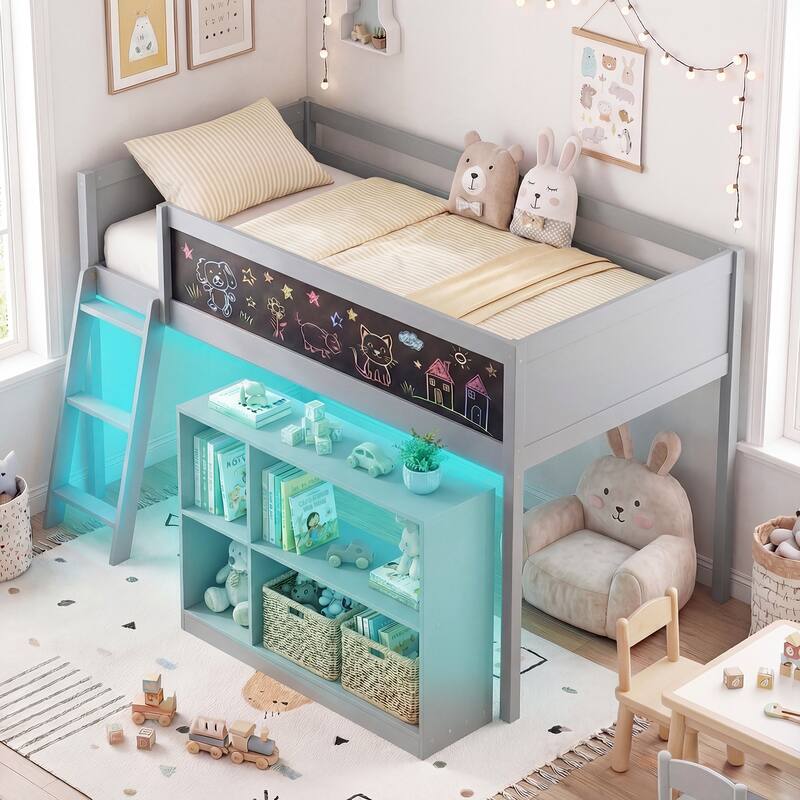 Gymax Kids Loft Bed w/LED Lights Chalkboard & Removable Bookcase