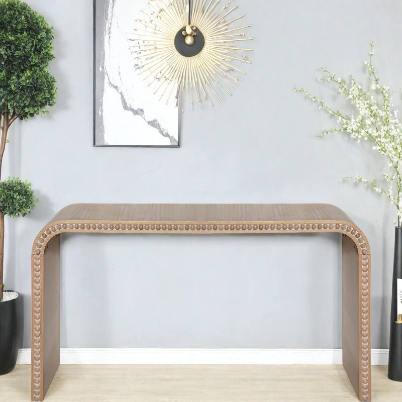 59" Wood Console Table with Waterfall Design and Beaded Trim for Entryway, Living Room, Corridor - Natural+Rustic