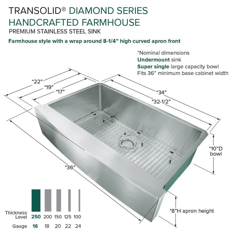 Diamond Sink Kit with Farmhouse Style Super Single Bowl, Magnetic Accessories Kit, and Drain Kit - No Faucet Hole