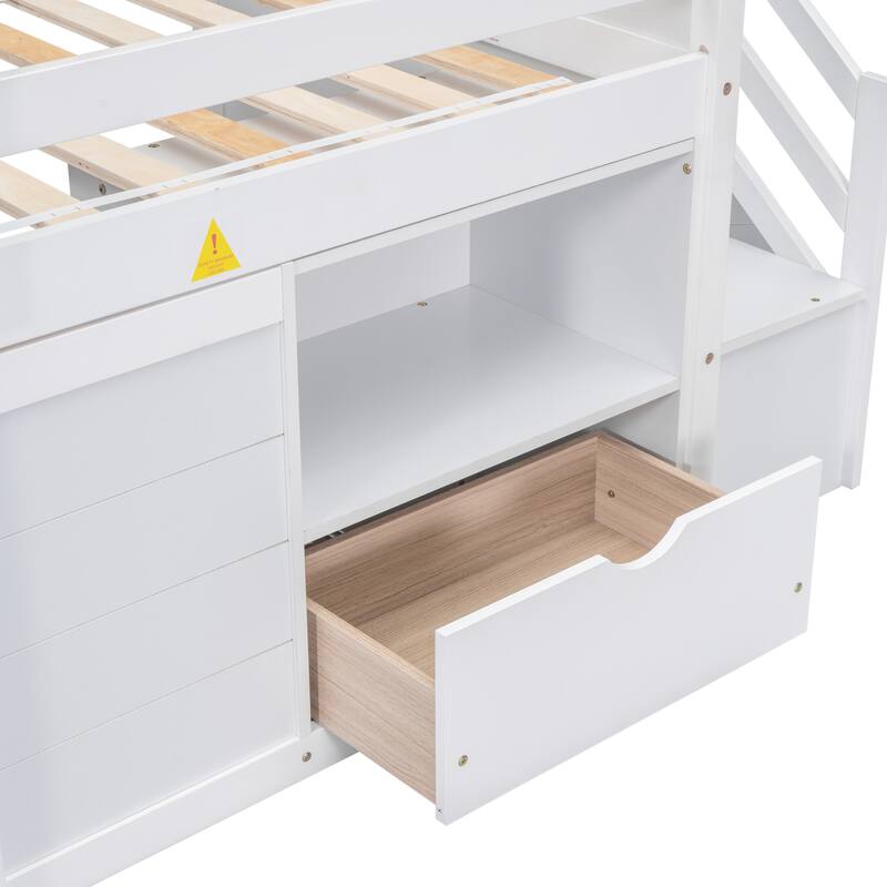 Solid Wood Low Loft Bed With Stair, Drawer, and Shelf