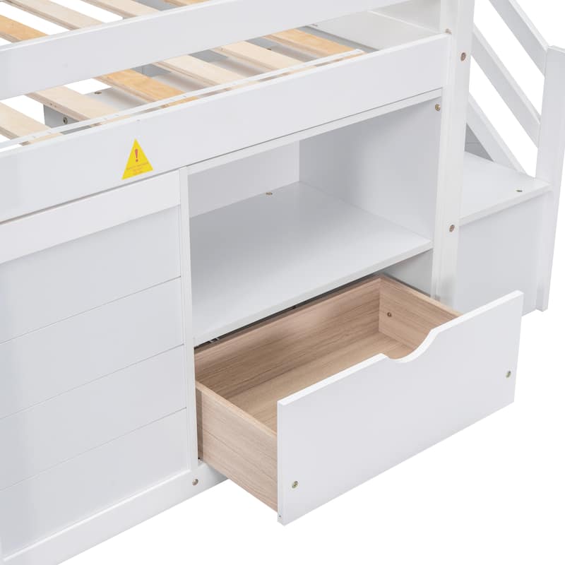 White Twin Size Solid Wood Low Loft Bed with Stair, Drawer, and Shelf for Bedroom