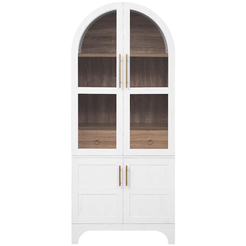 71"Tall Arched Kitchen Pantry Cabinet with Door Shelves, with Open & Adjustable Shelves, Hidden Drawer & Glass Door