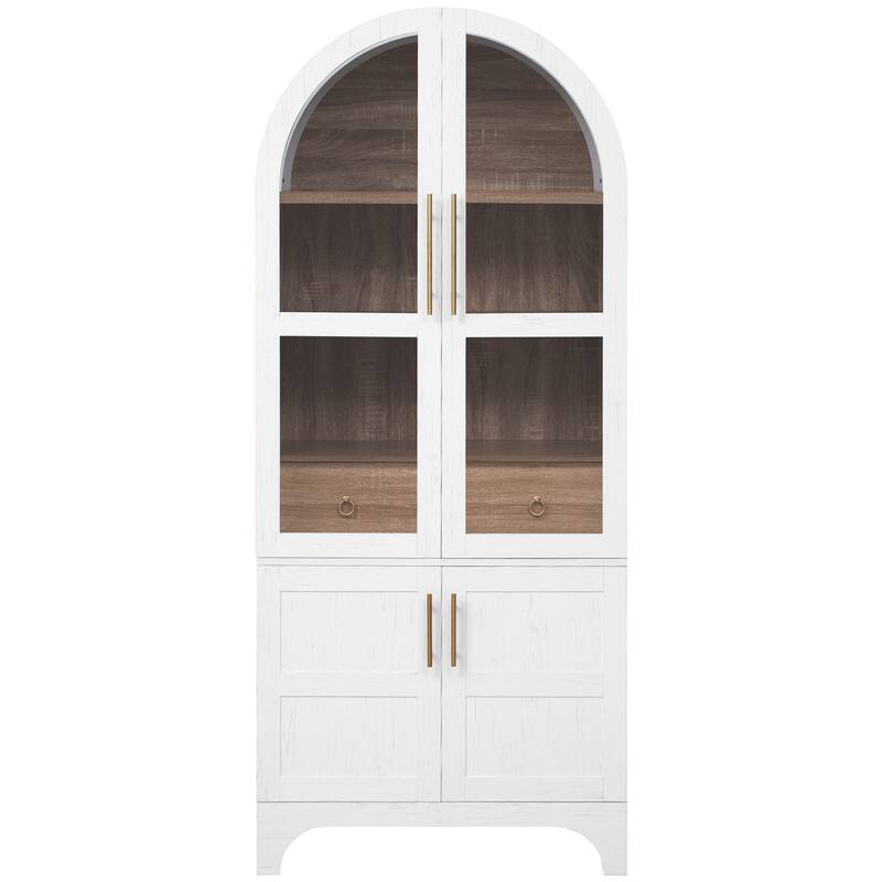 Farmhouse Arched Pantry Cabinet - 71" Tall Kitchen Storage with Adjustable Shelves, Glass Door & Hidden Drawer