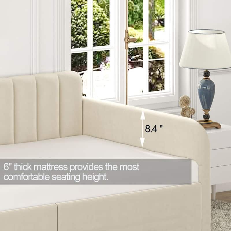 Upholstered Daybed with 2 Drawers, Twin, Ivory Velvet, Ribbed Tufted Backrest