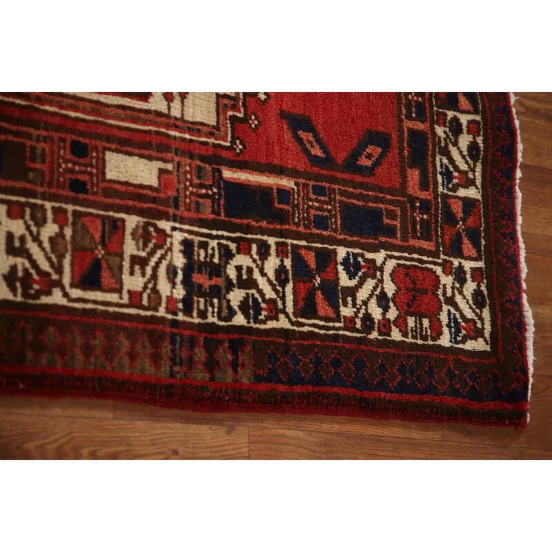 Geometric Ardebil Persian Vintage Runner Rug Handmade Red Wool Carpet - 3'9"x 13'10"