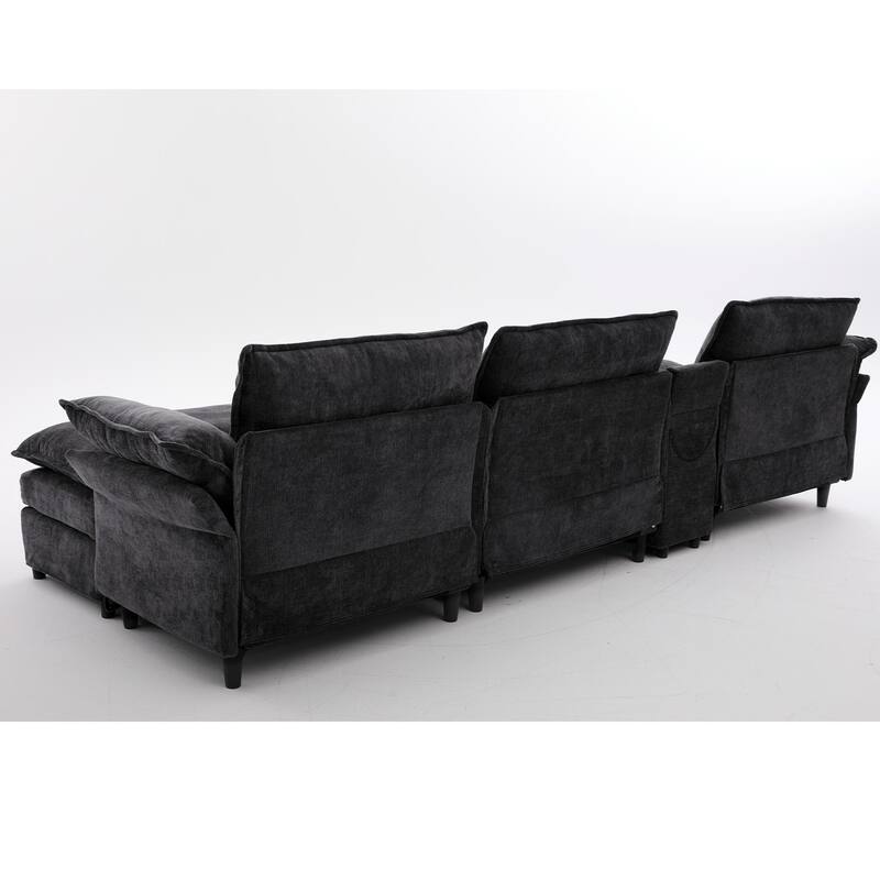 Modular Sectional Sofa, U Shaped Couch with 2 Ottomans, Storage Console & Wireless Charging, 2 Cup Holders, Bluetooth Speakers