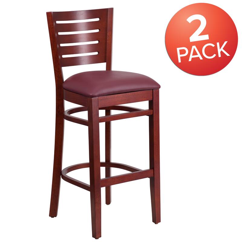 2 Pk. Darby Series Slat Back Wooden Restaurant Barstool - 16.75"W x 18"D x 43.5"H - 16.75"W x 18"D x 43.5"H - Burgundy Vinyl Seat/ Mahogany Wood Frame