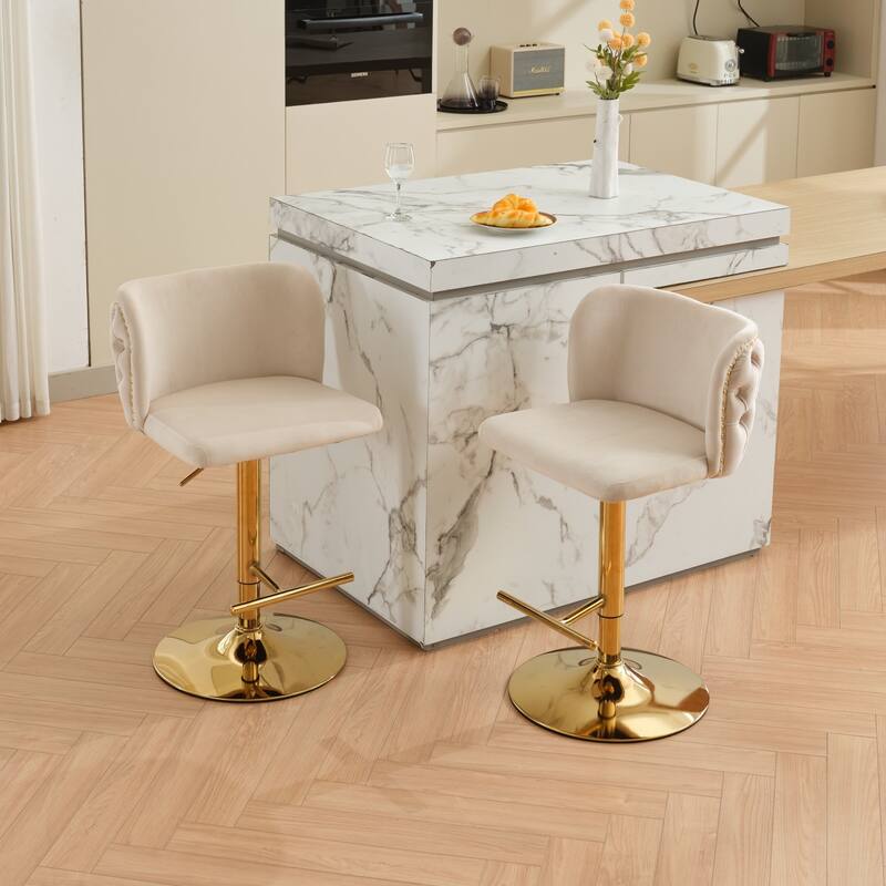 Swivel Barstools Adjusatble Seat Height With Gold-plating Base,Classic Velvet Upholstered Bar Stools,Set of 2