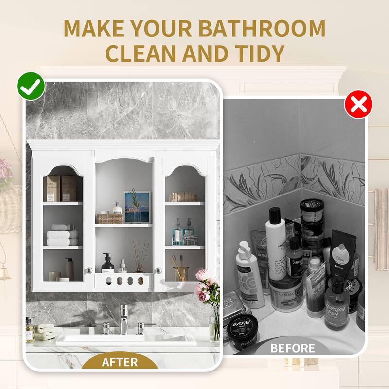 Anmytek White Wall Mounted Bathroom Cabinet with 2 Glass Doors Storage