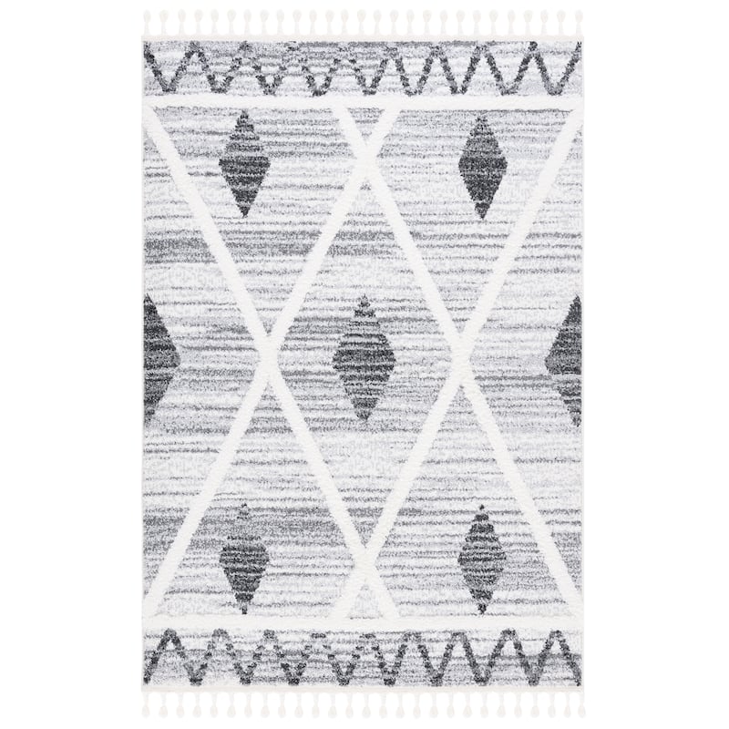 SAFAVIEH Moroccan Tassel Shag Massouma 2-inch Thick Rug - 2'3" x 8' Runner - Grey/Ivory