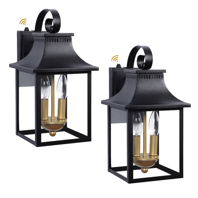 2-Light Black Dusk to Dawn Outdoor Aluminum Wall Lantern (2 Pack) - W7.4" x D9" x H14.7"