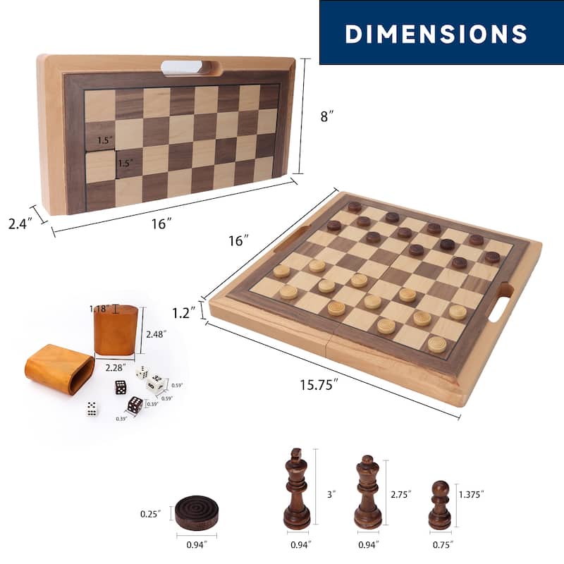 16" Classic 3-in-1 Wooden Folding Chess, Checker and Backgammon Board Game Combo Set