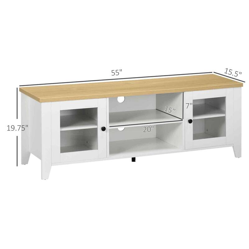 55 Farmhouse Wood TV Console with Open Shelves, Cabinets, and Cable Management for TVs up to 60 Inches.