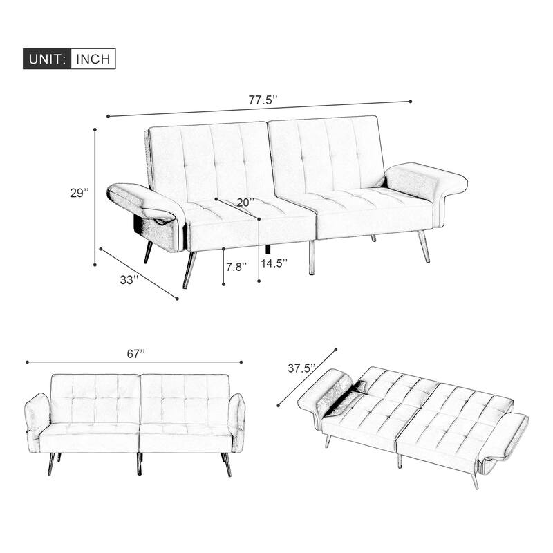 Italian Velvet Convertible Sleeper Sofa Bed with with Folded Armrests and Storage Bags