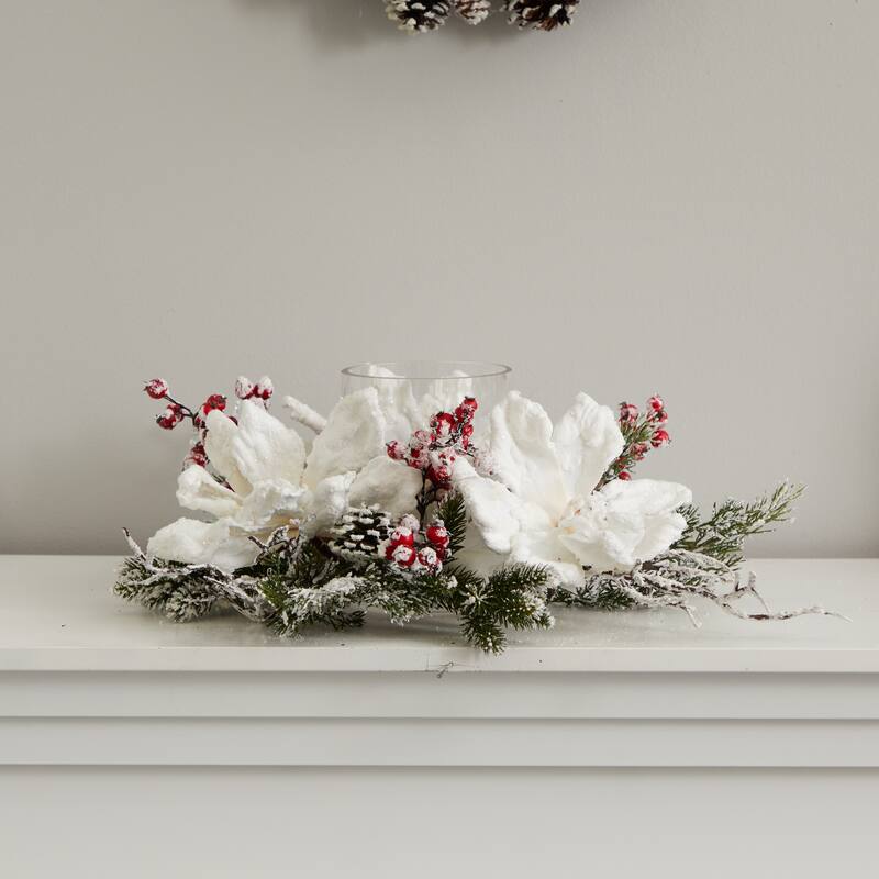 17" Frosted Magnolia and Berry Christmas Artificial Arrangement Candelabrum