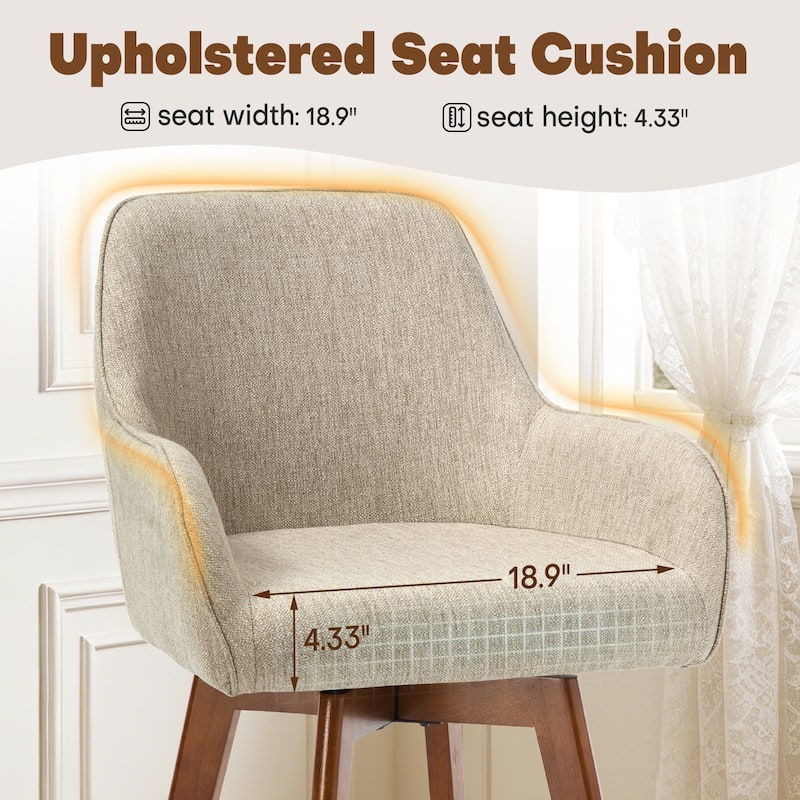 25 Inch Upholstered Swivel Counter Height Bar Stool with Armrests, Solid Wood Legs - 23.6"W x 22.4"D x 40.2"H