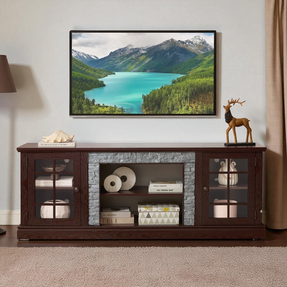 70'' Modern TV Stand for 75'' TV, Faux Stone Media Console with Cabinets, Cable Management & Adjustable Shelves