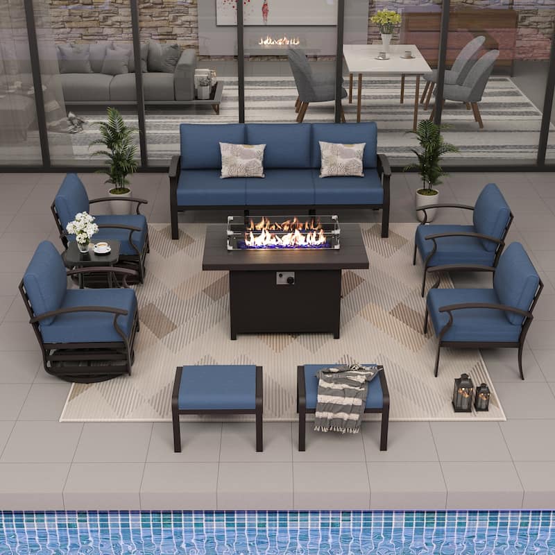 Aluminum Patio Furniture Set with Fire Pit, Ottomans & Rocking-Swivel Chairs, Modular Sofa with Thick Cushions