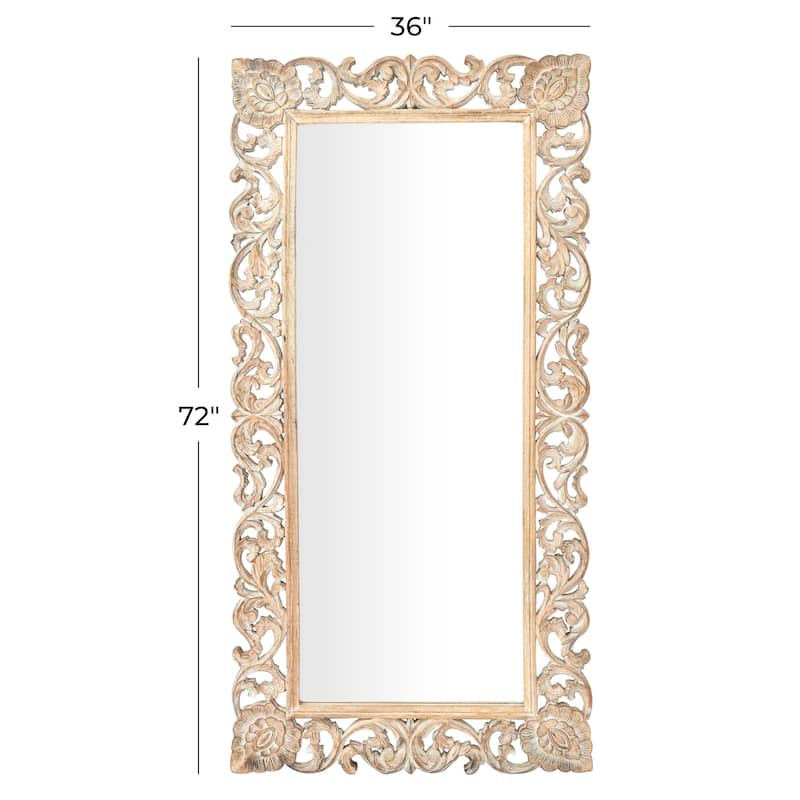 Light Brown Mango Wood Intricately Carved Floral Room Wall Mirror