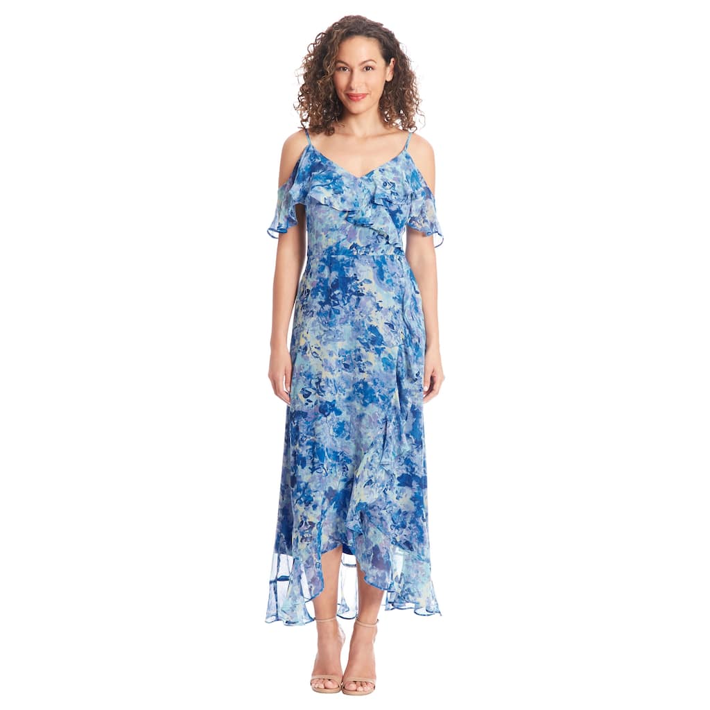 London Times V-Neck Cold Shoulder Short Sleeve Wrap High-Low Dress With Ruffle Detail