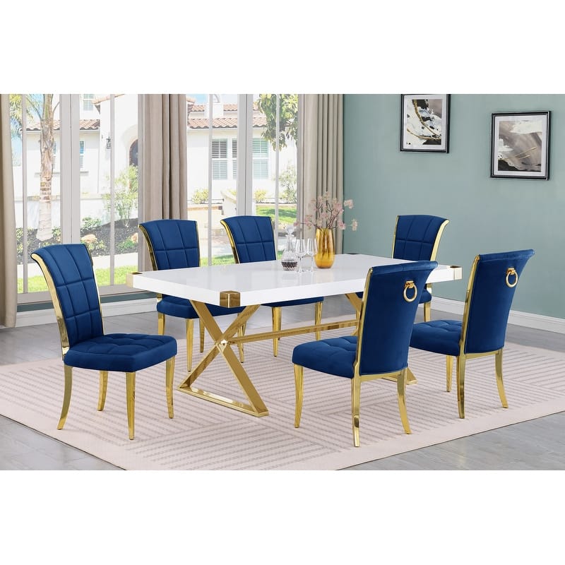 Best Quality Furniture D440/1-SC320-7 Dining Set 78" White Lacquer Wood Top