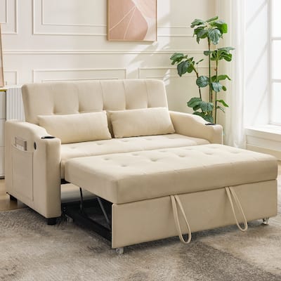3-in-1 Convertible Sleeper Sofa Bed with Pull-Out Bed, Corduroy Futon, Charging Port & Side Pocket