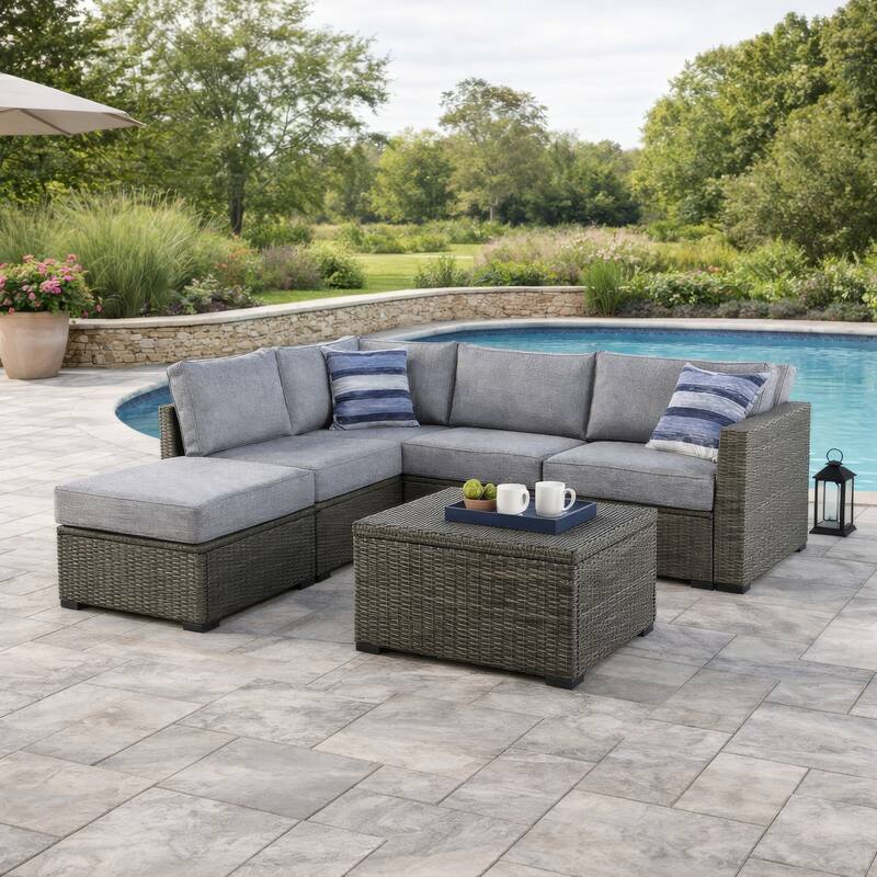 4 Piece Outdoor Sectional Sofa, Chaise, Storage Table, Throw Pillows, Gray