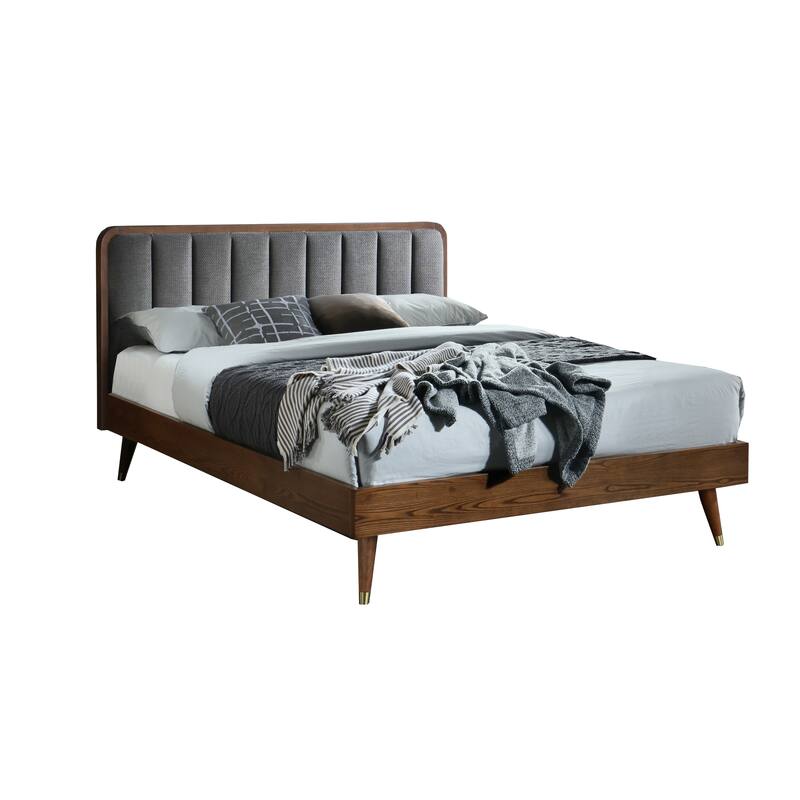 Queen Size Platform Wooden Bed with Upholstered Headboard and Gold-Tone Legs