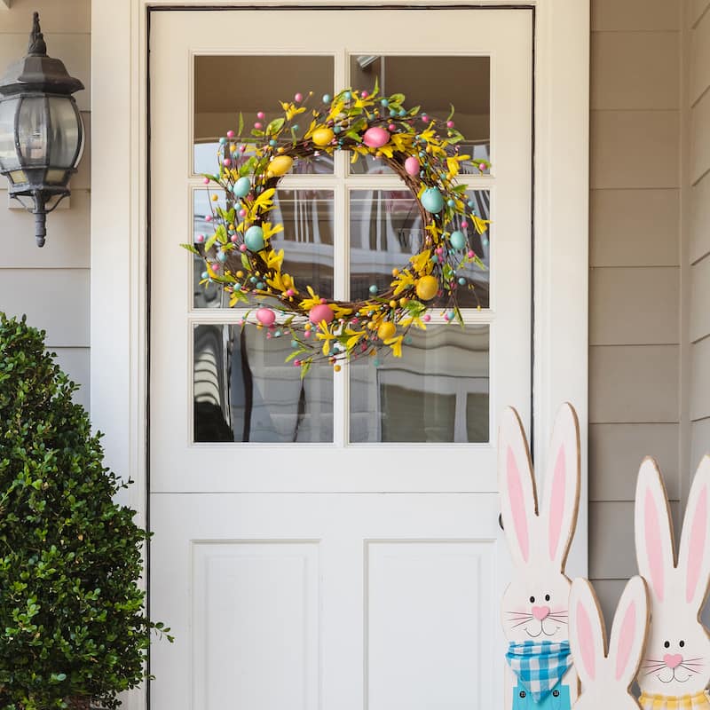 Glitzhome 22"D Artificial Easter Spring Eggs Berries Wreath for Front Door Wall Decor - Multi-color with Flowers