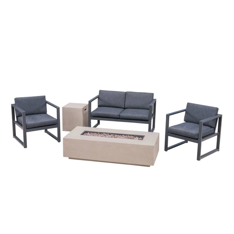 Navan Outdoor 4-Seater Aluminum Chat Set with Fire Pit and Tank Holder by Christopher Knight Home