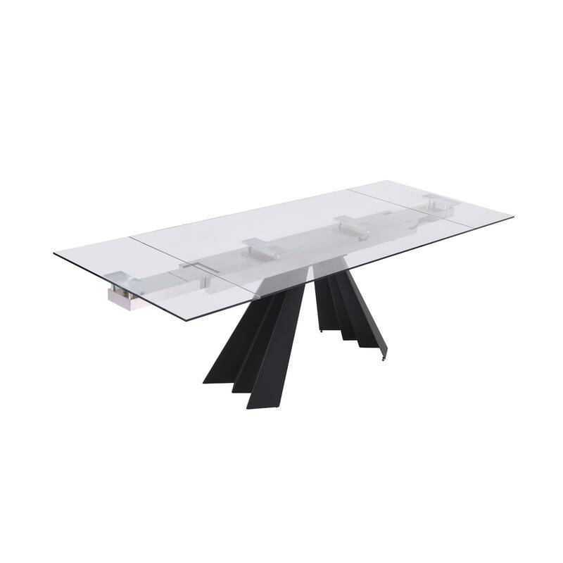 63" Clear And Black Glass And Metal Drop Leaf Pedestal Base Dining Table