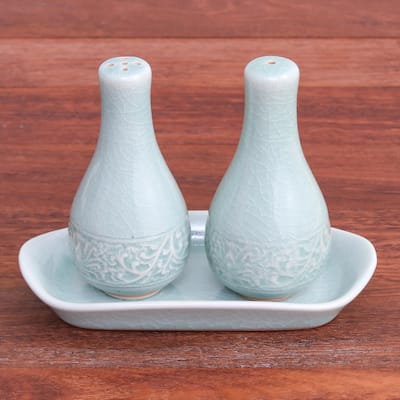 Novica Handmade Thai Spring Celadon Ceramic Salt And Pepper Set (3 Pieces)