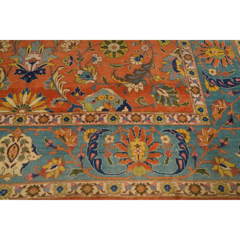Hand Knotted Oriental 100% Wool Carpet Traditional Floral Oranges & Rust Tabriz Area Rug - 12' 8'' X 9' 3''