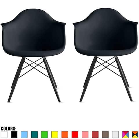 Set of 2 Color Modern Arm Chairs For Dining Room Kitchen Solid Molded Plastic Seat Dark Black Wood Eiffel Legs