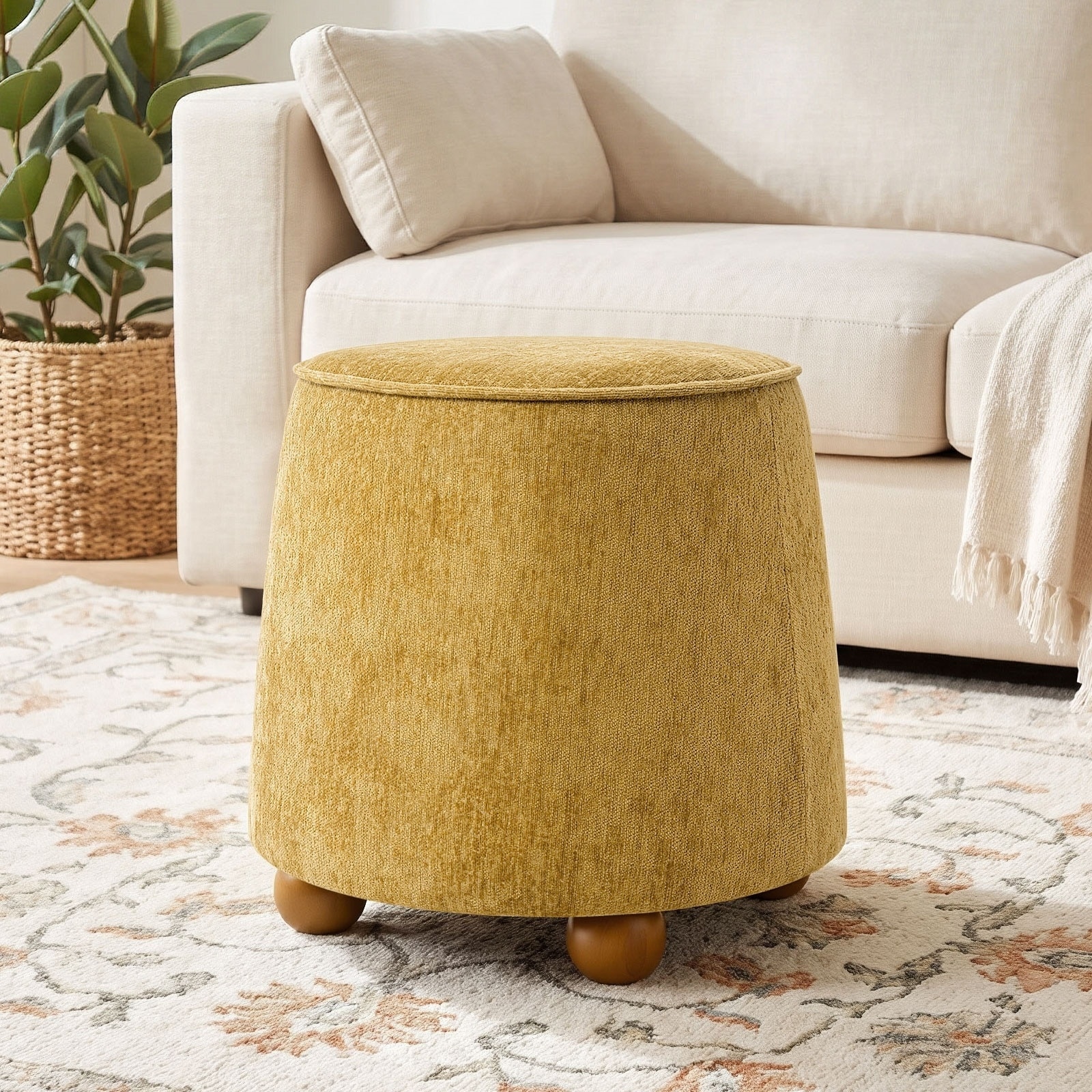 Cylindrical Shape Ottoman, Acacia Wood Frame Chenille Fabric Vanity Stool-Upholstered Floor Chair Fully Assembled