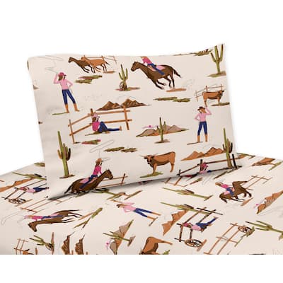 Sweet Jojo Designs Western Cowgirl Girl 3p Twin Sheet Set Wild West Vintage Country Animal Horse Southwest Beige Brown Pink Blue