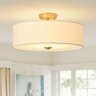 French Country Brass Round White Linen Drum Ceiling Light