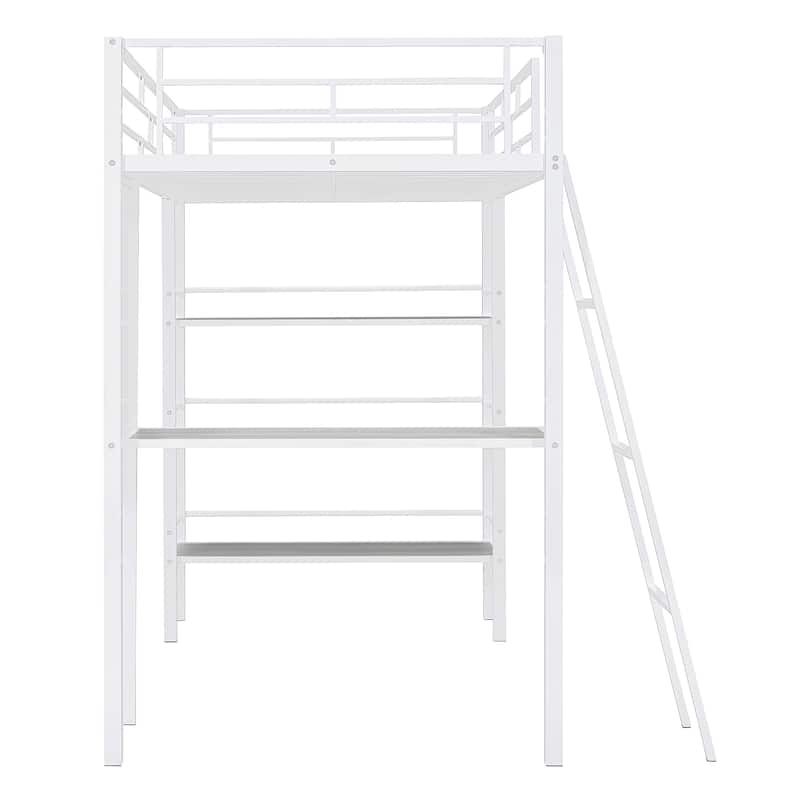 Metal High Loft Bed Frame with 3 Layers of Shelves and Desk, Kids Loft Bed Whiteboard, for Kids Bedroom