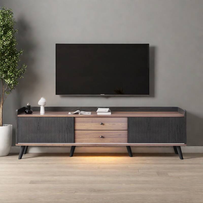 63" Mid-Century Modern TV Stand with Push-Pull Cabinets and Smart Cable Management - Dark Coffee+Black