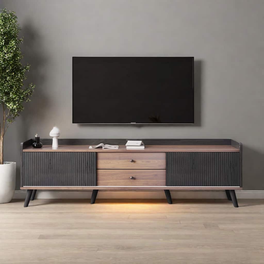 63" Mid-Century Modern TV Stand with Push-Pull Cabinets and Smart Cable Management