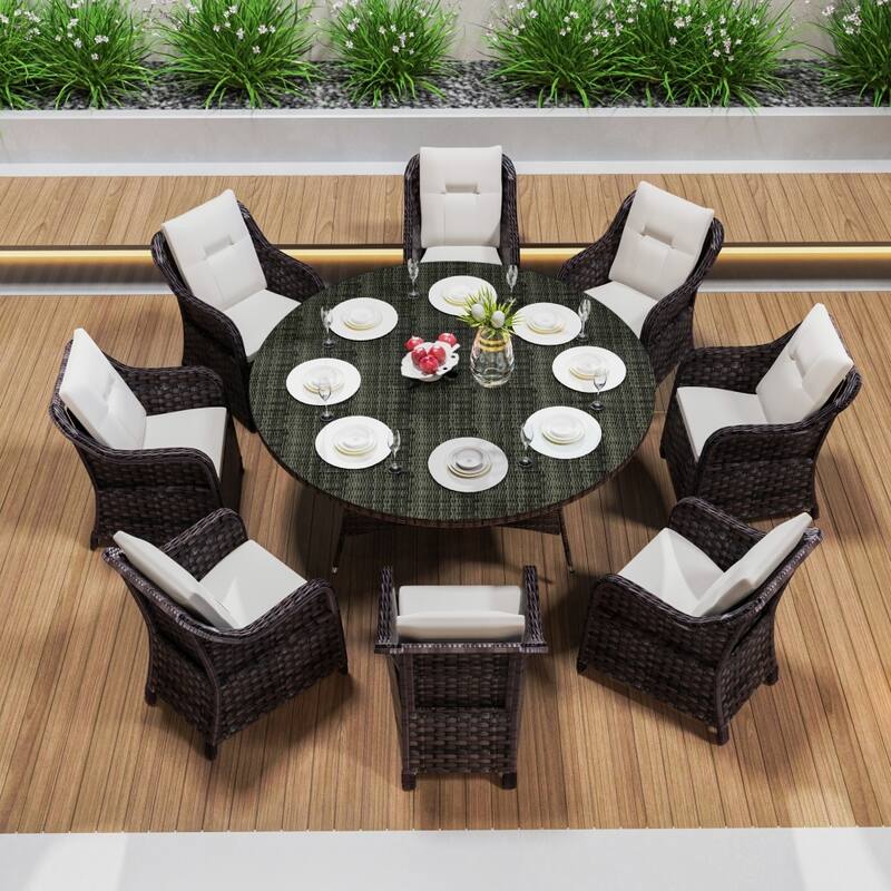 Modern 9-piece Outdoor Dining Table Set with Umbrella Hole & 8 Chairs