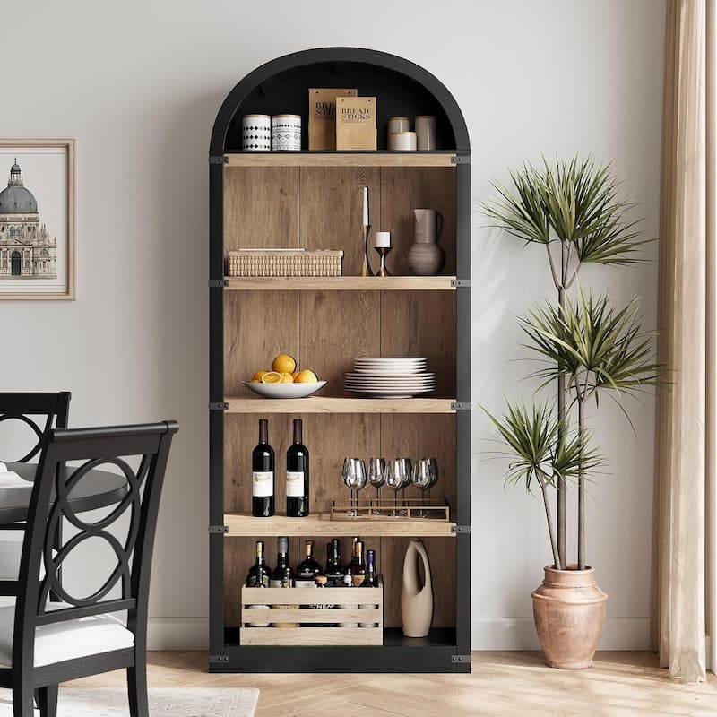 Tall Farmhouse 5-Tier Arched Bookcase, Display Storage Shelf - N/A - Black