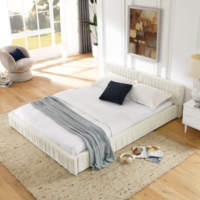 Queen Size Chenille Upholstered Platform Bed with Headboard and Solid Frame