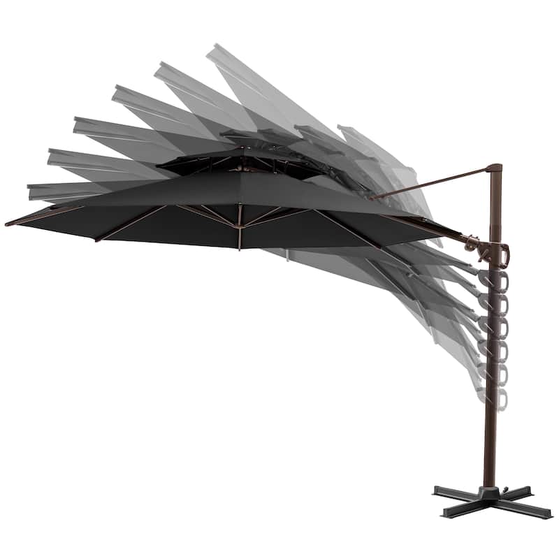 11 ft Outdoor Aluminum Dual Top Solar Powered LED Lighted Patio Cantilever Umbrella and Weighted Base