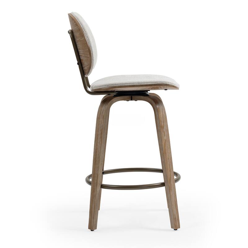 Set of 2 Betrys Beige Woven Fabric Swivel Counter Stool with Wood Legs