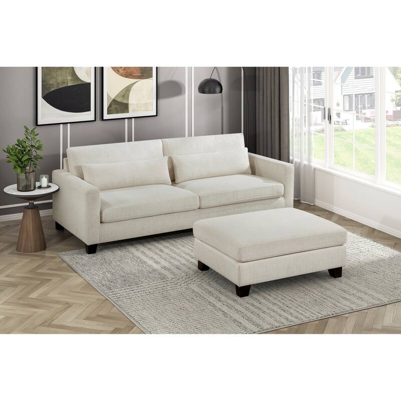 Ivory Fabric Upholstered Ottoman Cushion Seat Modern Living Room Furniture 1pc Solid Wood Legs